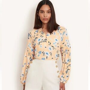 Ann Taylor floral butterfly smocked sleeve ruffle collar blouse